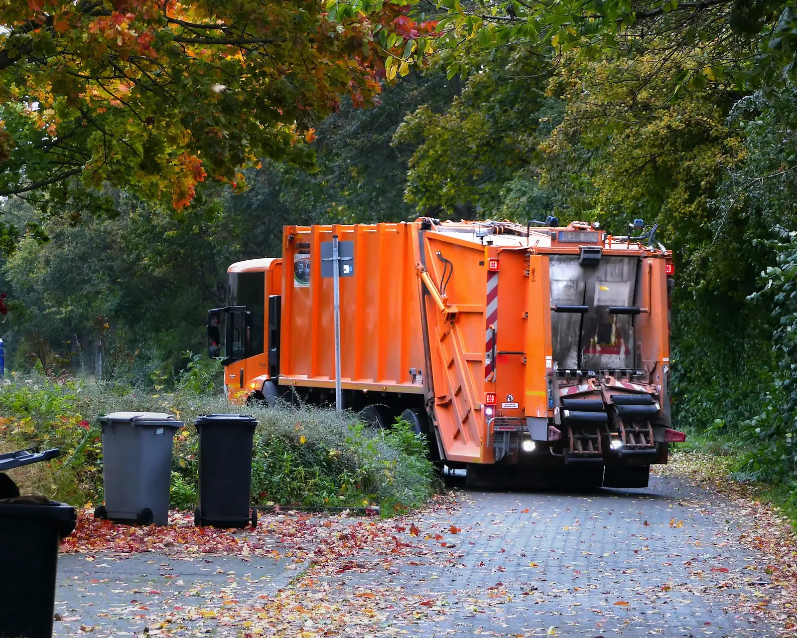 An orange garbage truck collecting bins on a tree-lined street