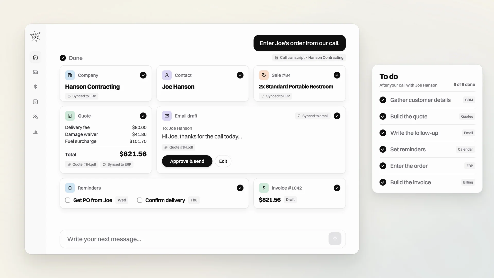 The HyperRep Assistant after one request, “Enter Joe’s order from our call.”: the customer, quote, follow-up email, reminders and invoice are done, and all six tasks on the to-do list are checked off