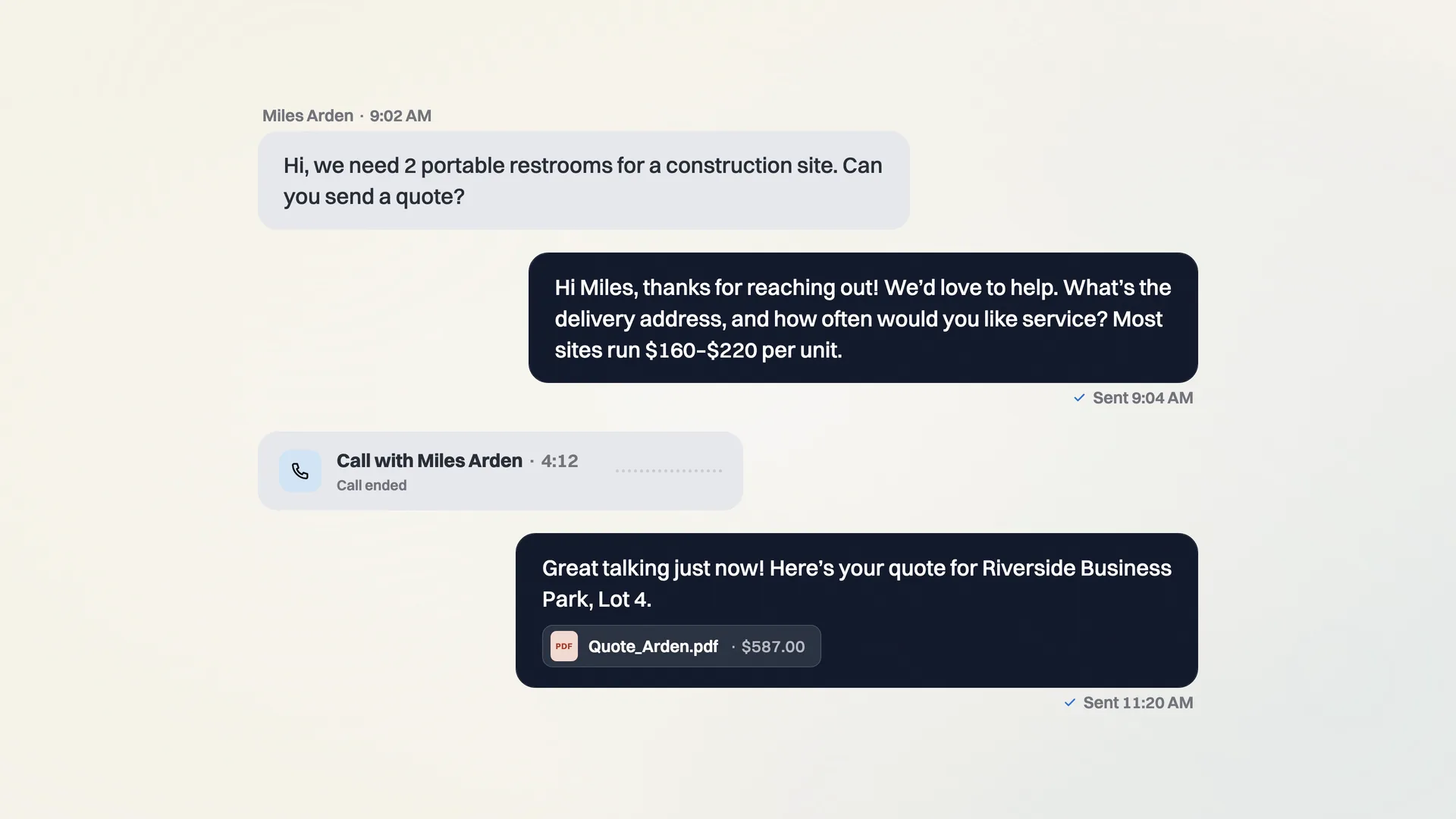 Miles Arden’s conversation in HyperRep: his request for 2 portable restrooms at 9:02 AM, your team’s reply sent at 9:04 AM, his call, and the follow-up with his $587.00 quote attached