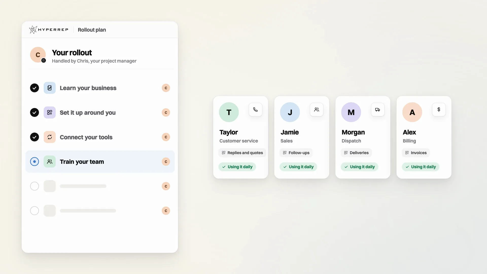 A HyperRep rollout plan handled by your project manager, its first three steps checked off and your team in training, beside your team’s cards, each one using HyperRep daily