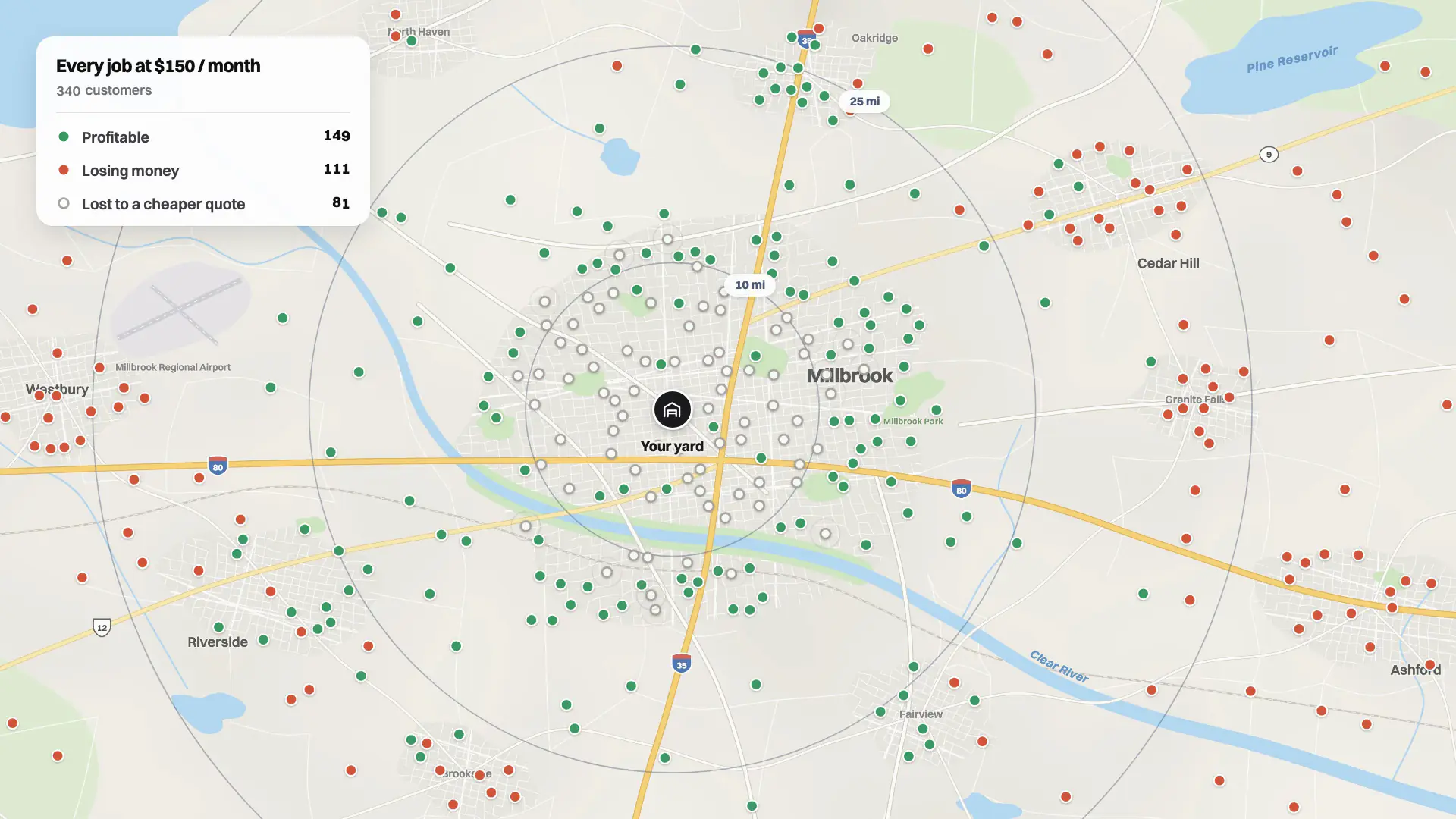 A map of 340 customers around a yard, every job at $150 a month: some profitable, some losing money and some lost to a cheaper quote